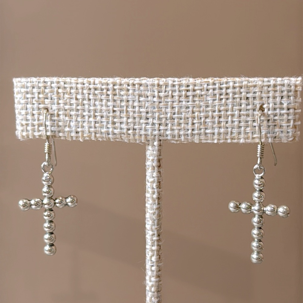 Sterling Silver Bead Cross Earrings